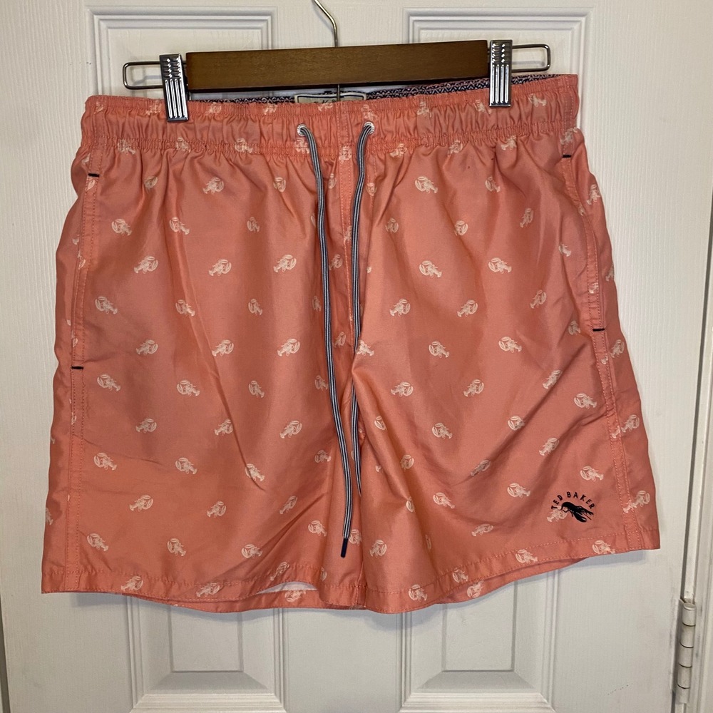 Ted Baker Mens Swim Trunks Size 3 Medium Lobster Print Coral Pink Board Shorts